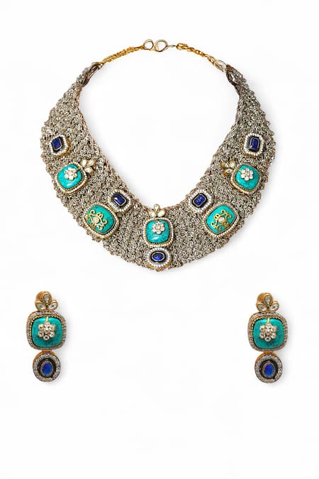 Shop Tad Accessories Turquoise Faux Diamonds Antique Finish Blue Necklace Set at Aza Fashions Shop_Tad Accessories_Turquoise Faux Diamonds Antique Finish Blue Necklace Set _at_Aza_Fashions