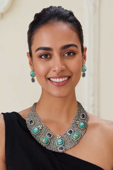 Tad Accessories Turquoise Faux Diamonds Antique Finish Blue Necklace Set 