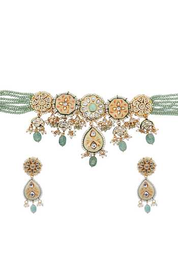 Shop Tad Accessories Gold Plated Imitation Diamonds Finish Kundan Necklace Set at Aza Fashions Shop_Tad Accessories_Gold Plated Imitation Diamonds Finish Kundan Necklace Set _at_Aza_Fashions