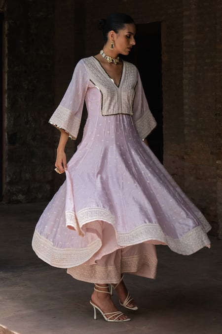 Preevin_Pink Chanderi Silk, Tulle Sequins, Big Border Onion Anarkali With Pant _Online_at_Aza_Fashions