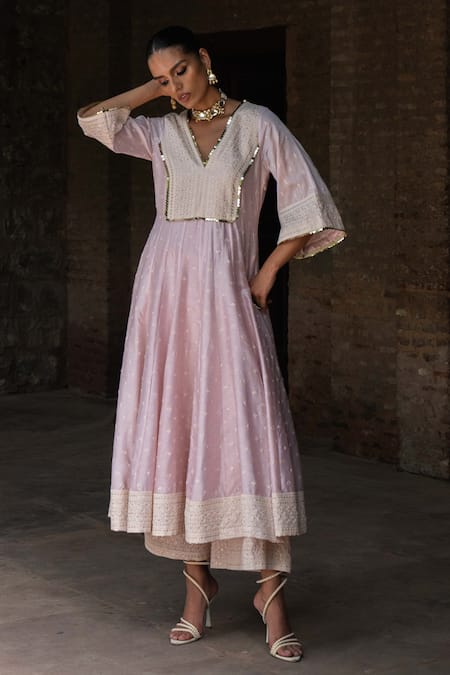Buy_Preevin_Pink Chanderi Silk, Tulle Sequins, Big Border Onion Anarkali With Pant _Online_at_Aza_Fashions