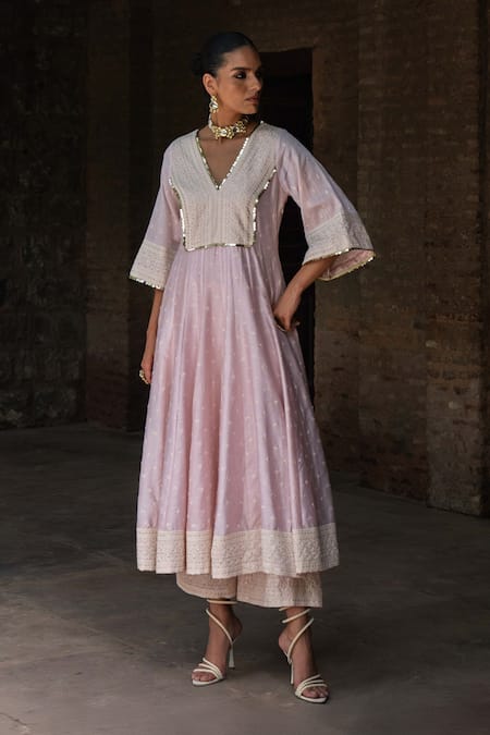 Shop_Preevin_Pink Chanderi Silk, Tulle Sequins, Big Border Onion Anarkali With Pant _Online_at_Aza_Fashions