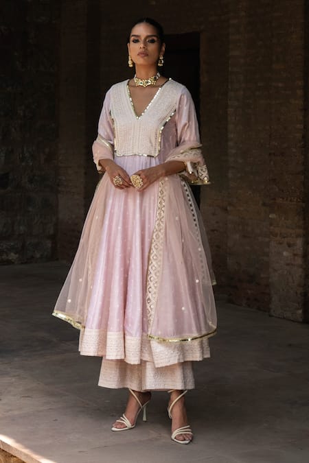 Preevin Pink Chanderi Silk, Tulle Sequins, Big Border Onion Anarkali With Pant