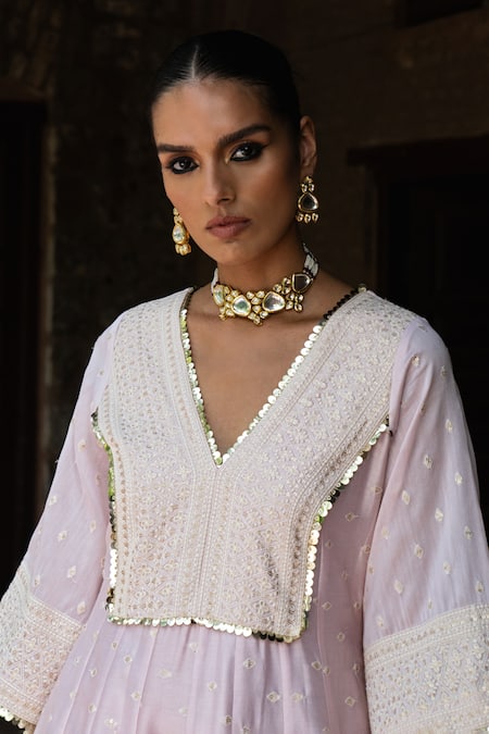 Buy_Preevin_Pink Chanderi Silk, Tulle Sequins, Big Border Onion Anarkali With Pant 