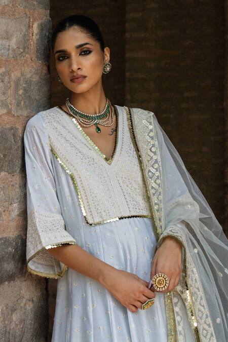 Preevin_Blue Chanderi Silk, Tulle Sequins, Embroidery Big Border Ice Anarkali Set _Online_at_Aza_Fashions