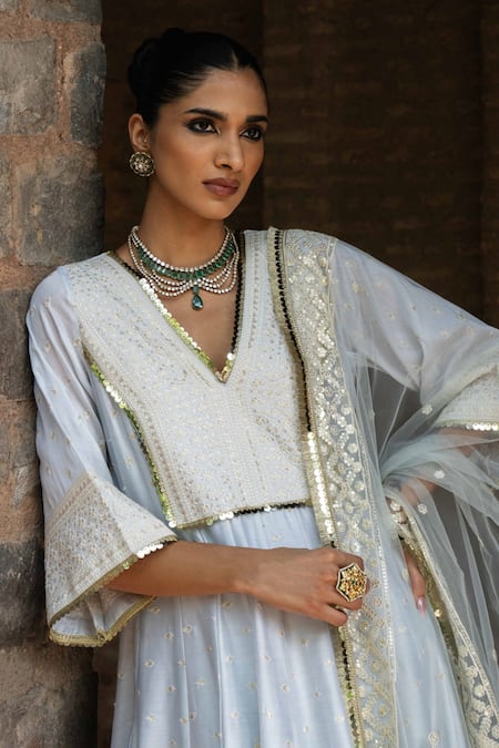 Buy_Preevin_Blue Chanderi Silk, Tulle Sequins, Embroidery Big Border Ice Anarkali Set _Online_at_Aza_Fashions