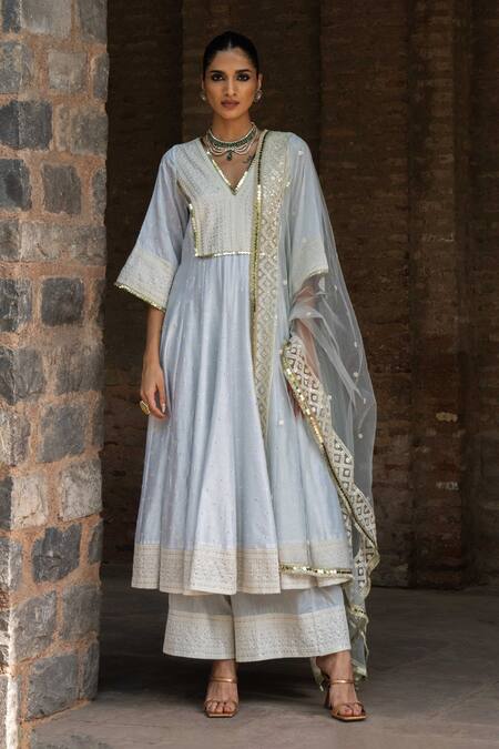 Shop_Preevin_Blue Chanderi Silk, Tulle Sequins, Embroidery Big Border Ice Anarkali Set _Online_at_Aza_Fashions