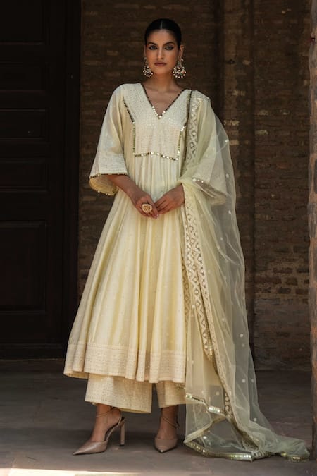 Preevin Lime Chanderi Silk, Tulle Sequins, Embroidery Big Border Lemon Anarkali Set 