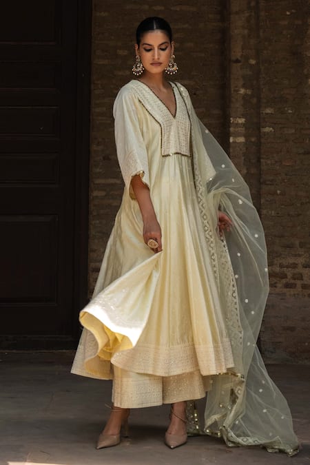 Preevin_Lime Chanderi Silk, Tulle Sequins, Embroidery Big Border Lemon Anarkali Set _Online_at_Aza_Fashions