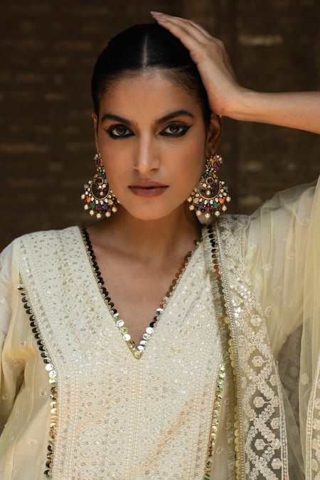 Buy_Preevin_Lime Chanderi Silk, Tulle Sequins, Embroidery Big Border Lemon Anarkali Set _Online_at_Aza_Fashions