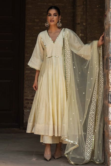 Shop_Preevin_Lime Chanderi Silk, Tulle Sequins, Embroidery Big Border Lemon Anarkali Set _Online_at_Aza_Fashions