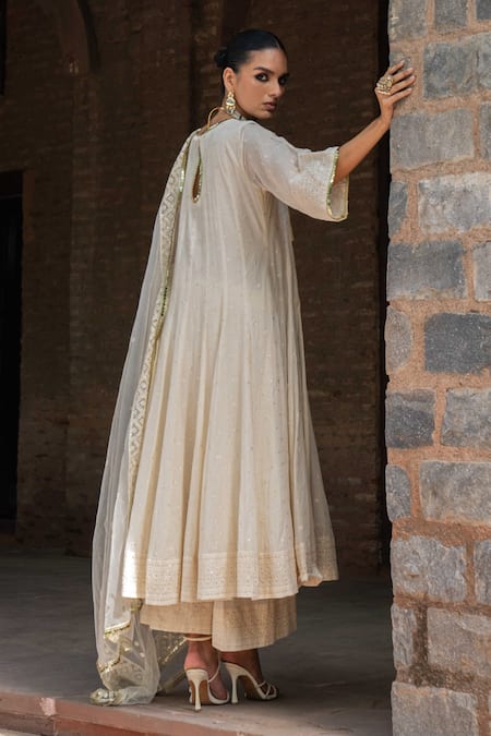 Preevin_Off White Cotton, Tulle Sequins, Embroidery Round Neck Big Border Anarkali Set _Online_at_Aza_Fashions