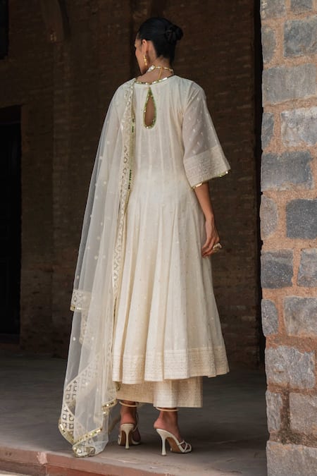 Shop_Preevin_Off White Cotton, Tulle Sequins, Embroidery Round Neck Big Border Anarkali Set _at_Aza_Fashions