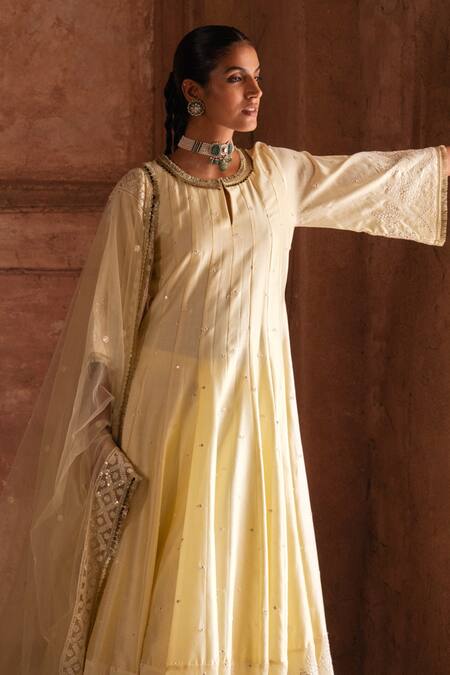 Preevin_Lime Chanderi Silk, Tulle Sequins, Embroidery Forest Lemon Anarkali With Pant _Online_at_Aza_Fashions
