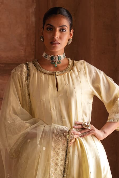 Buy_Preevin_Lime Chanderi Silk, Tulle Sequins, Embroidery Forest Lemon Anarkali With Pant _Online_at_Aza_Fashions