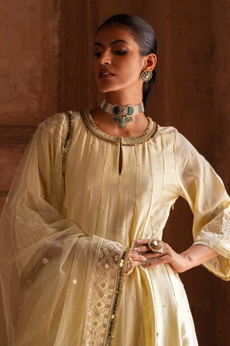 Shop_Preevin_Lime Chanderi Silk, Tulle Sequins, Embroidery Forest Lemon Anarkali With Pant _Online_at_Aza_Fashions