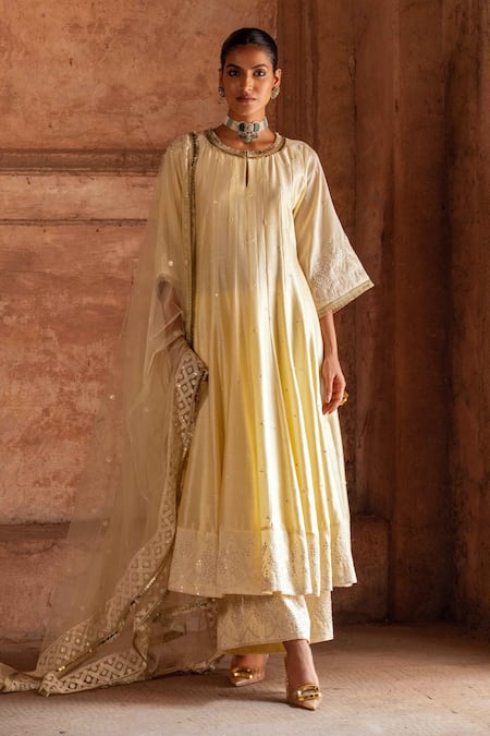 Preevin Lime Chanderi Silk, Tulle Sequins, Embroidery Forest Lemon Anarkali With Pant 