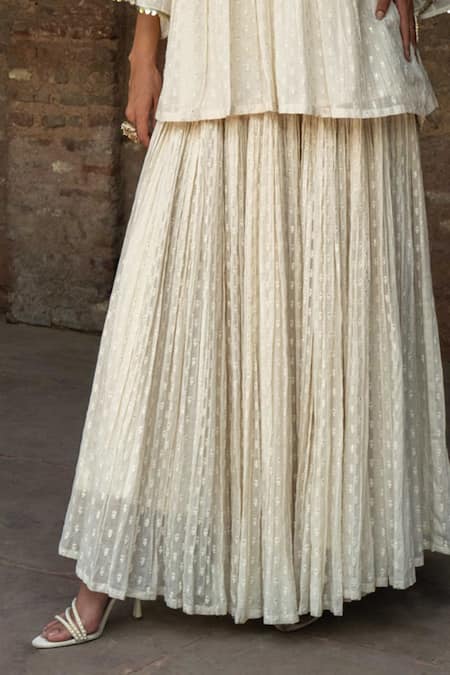 Preevin Off White Cotton Sequins Round All Gathers Forest Embroidered Top With Skirt Online at Aza Fashions Preevin_Off White Cotton Sequins Round All Gathers Forest Embroidered Top With Skirt _Online_at_Aza_Fashions