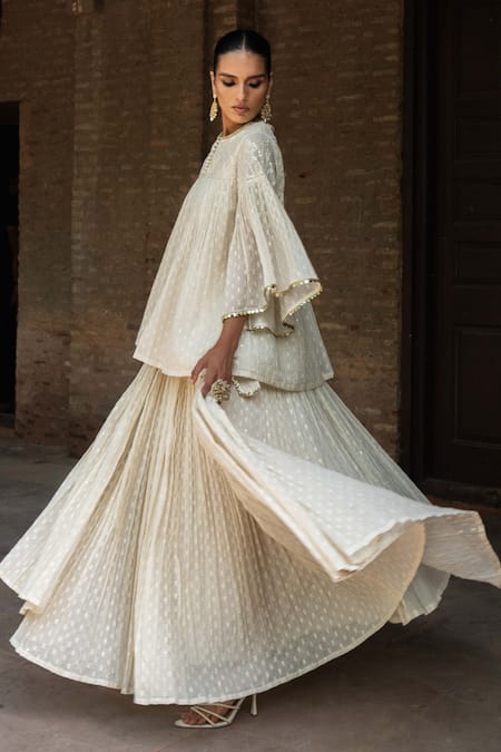 Buy Preevin Off White Cotton Sequins Round All Gathers Forest Embroidered Top With Skirt Online at Aza Fashions Buy_Preevin_Off White Cotton Sequins Round All Gathers Forest Embroidered Top With Skirt _Online_at_Aza_Fashions