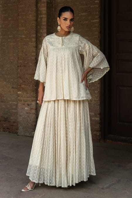 Preevin Off White Cotton Sequins Round All Gathers Forest Embroidered Top With Skirt 