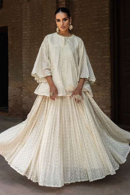 Shop Preevin Off White Cotton Sequins Round All Gathers Forest Embroidered Top With Skirt Online at Aza Fashions Shop_Preevin_Off White Cotton Sequins Round All Gathers Forest Embroidered Top With Skirt _Online_at_Aza_Fashions