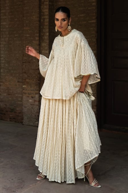 Preevin Off White Cotton Sequins Round All Gathers Forest Embroidered Top With Skirt at Aza Fashions Preevin_Off White Cotton Sequins Round All Gathers Forest Embroidered Top With Skirt _at_Aza_Fashions