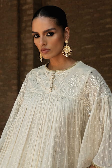 Buy Preevin Off White Cotton Sequins Round All Gathers Forest Embroidered Top With Skirt Buy_Preevin_Off White Cotton Sequins Round All Gathers Forest Embroidered Top With Skirt