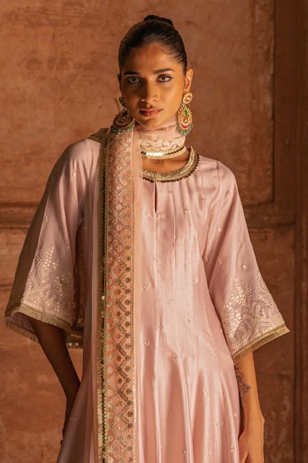 Preevin_Peach Chanderi Silk, Tulle Sequins, Embroidery Forest Onion Pink Anarkali Set _Online_at_Aza_Fashions