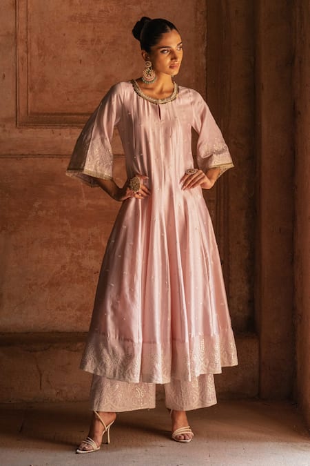 Buy_Preevin_Peach Chanderi Silk, Tulle Sequins, Embroidery Forest Onion Pink Anarkali Set _Online_at_Aza_Fashions