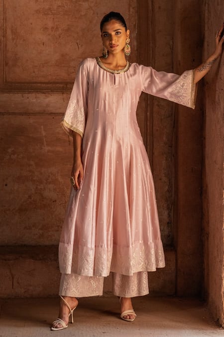 Shop_Preevin_Peach Chanderi Silk, Tulle Sequins, Embroidery Forest Onion Pink Anarkali Set _Online_at_Aza_Fashions