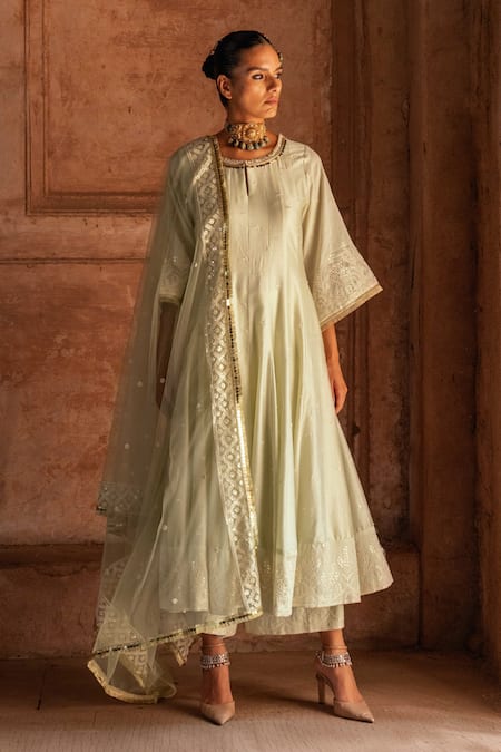 Buy Preevin Mint Chanderi Silk, Tulle Sequins, Embroidery Round Forest Anarkali With Pant Online at Aza Fashions Buy_Preevin_Mint Chanderi Silk, Tulle Sequins, Embroidery Round Forest Anarkali With Pant _Online_at_Aza_Fashions