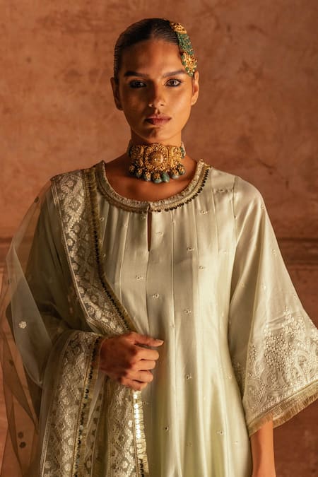 Shop Preevin Mint Chanderi Silk, Tulle Sequins, Embroidery Round Forest Anarkali With Pant Online at Aza Fashions Shop_Preevin_Mint Chanderi Silk, Tulle Sequins, Embroidery Round Forest Anarkali With Pant _Online_at_Aza_Fashions