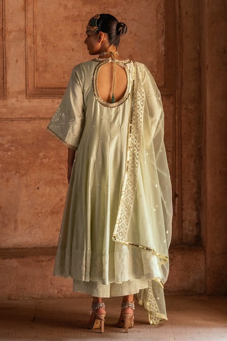 Shop Preevin Mint Chanderi Silk, Tulle Sequins, Embroidery Round Forest Anarkali With Pant at Aza Fashions Shop_Preevin_Mint Chanderi Silk, Tulle Sequins, Embroidery Round Forest Anarkali With Pant _at_Aza_Fashions