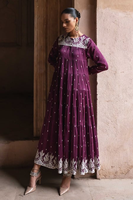 Preevin Wine Chanderi Silk, Tulle Sequins, Embroidery Forest 8 Layer All Over Anarkali Online at Aza Fashions Preevin_Wine Chanderi Silk, Tulle Sequins, Embroidery Forest 8 Layer All Over Anarkali _Online_at_Aza_Fashions