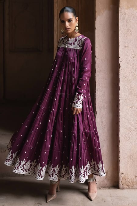 Buy Preevin Wine Chanderi Silk, Tulle Sequins, Embroidery Forest 8 Layer All Over Anarkali Online at Aza Fashions Buy_Preevin_Wine Chanderi Silk, Tulle Sequins, Embroidery Forest 8 Layer All Over Anarkali _Online_at_Aza_Fashions