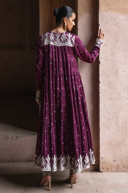 Shop Preevin Wine Chanderi Silk, Tulle Sequins, Embroidery Forest 8 Layer All Over Anarkali at Aza Fashions Shop_Preevin_Wine Chanderi Silk, Tulle Sequins, Embroidery Forest 8 Layer All Over Anarkali _at_Aza_Fashions