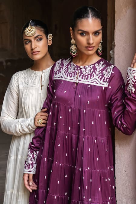 Shop Preevin Wine Chanderi Silk, Tulle Sequins, Embroidery Forest 8 Layer All Over Anarkali Online at Aza Fashions Shop_Preevin_Wine Chanderi Silk, Tulle Sequins, Embroidery Forest 8 Layer All Over Anarkali _Online_at_Aza_Fashions