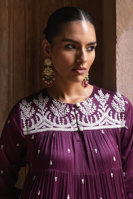 Preevin Wine Chanderi Silk, Tulle Sequins, Embroidery Forest 8 Layer All Over Anarkali at Aza Fashions Preevin_Wine Chanderi Silk, Tulle Sequins, Embroidery Forest 8 Layer All Over Anarkali _at_Aza_Fashions