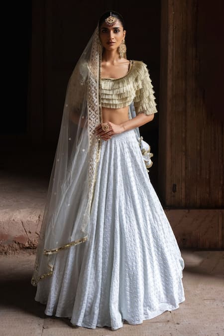 Preevin_Blue Chanderi Silk, Tulle Sequins, Embroidery Golden Fringe Ice Lehenga Set _Online_at_Aza_Fashions