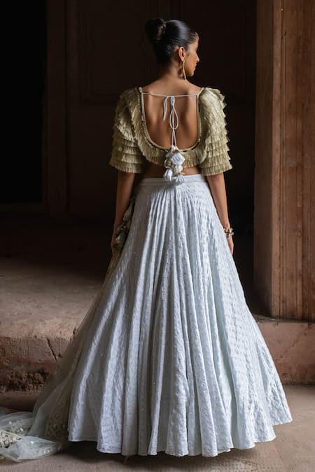 Preevin Golden Fringe Ice Blue Lehenga Set 
