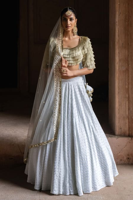 Buy_Preevin_Blue Chanderi Silk, Tulle Sequins, Embroidery Golden Fringe Ice Lehenga Set _Online_at_Aza_Fashions