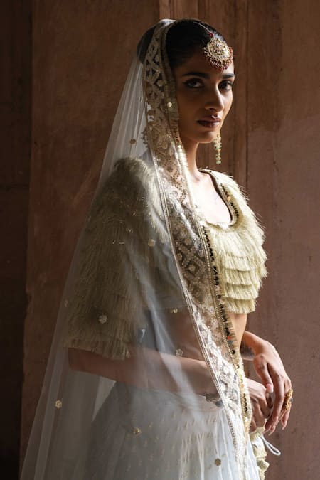 Shop_Preevin_Blue Chanderi Silk, Tulle Sequins, Embroidery Golden Fringe Ice Lehenga Set _Online_at_Aza_Fashions