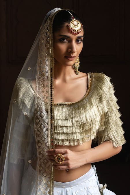 Preevin_Blue Chanderi Silk, Tulle Sequins, Embroidery Golden Fringe Ice Lehenga Set _at_Aza_Fashions