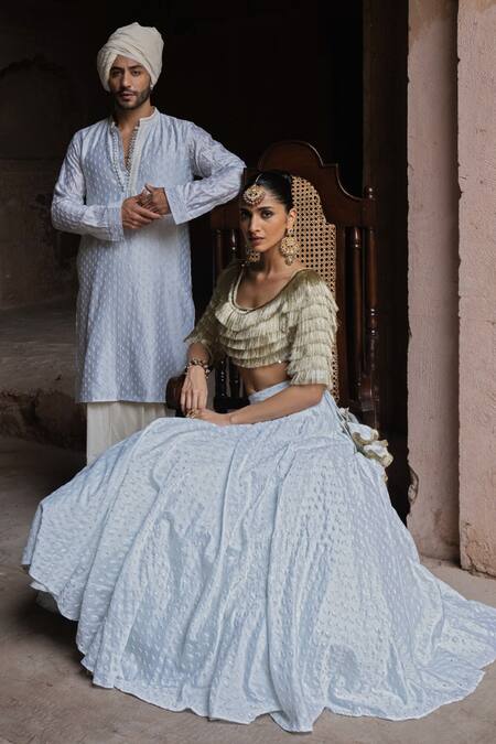 Buy_Preevin_Blue Chanderi Silk, Tulle Sequins, Embroidery Golden Fringe Ice Lehenga Set 