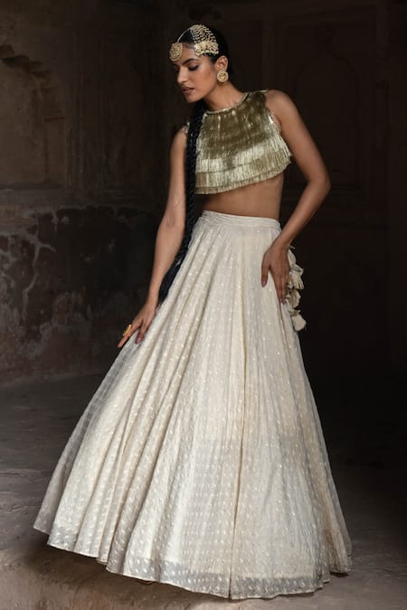 Preevin Off White Chanderi Silk Gold And Fringe Lehenga Set With Embroidered Dupatta 