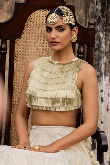 Preevin_Off White Chanderi Silk Gold And Fringe Lehenga Set With Embroidered Dupatta _Online_at_Aza_Fashions