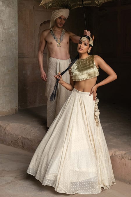 Preevin Gold & Off White Fringe Lehenga Set With Embroidered Dupatta 