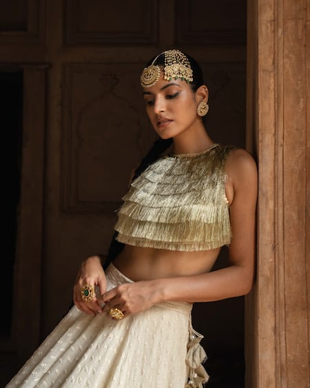 Preevin_Off White Chanderi Silk Gold And Fringe Lehenga Set With Embroidered Dupatta _at_Aza_Fashions