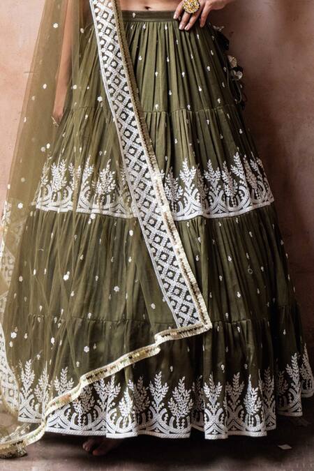 Preevin_Olive Green Chanderi Silk, Tulle Sequins, Forest Lehenga Set With Dupatta _Online_at_Aza_Fashions