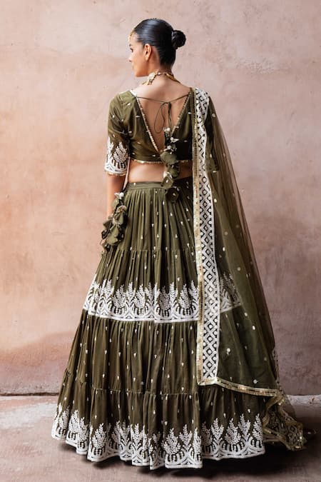 Preevin Olive Forest Lehenga Set With Embroidered Dupatta 